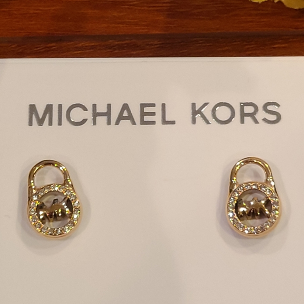 Michael Kors Logo Locket Gold Stud Earrings - Picture 2 of 7